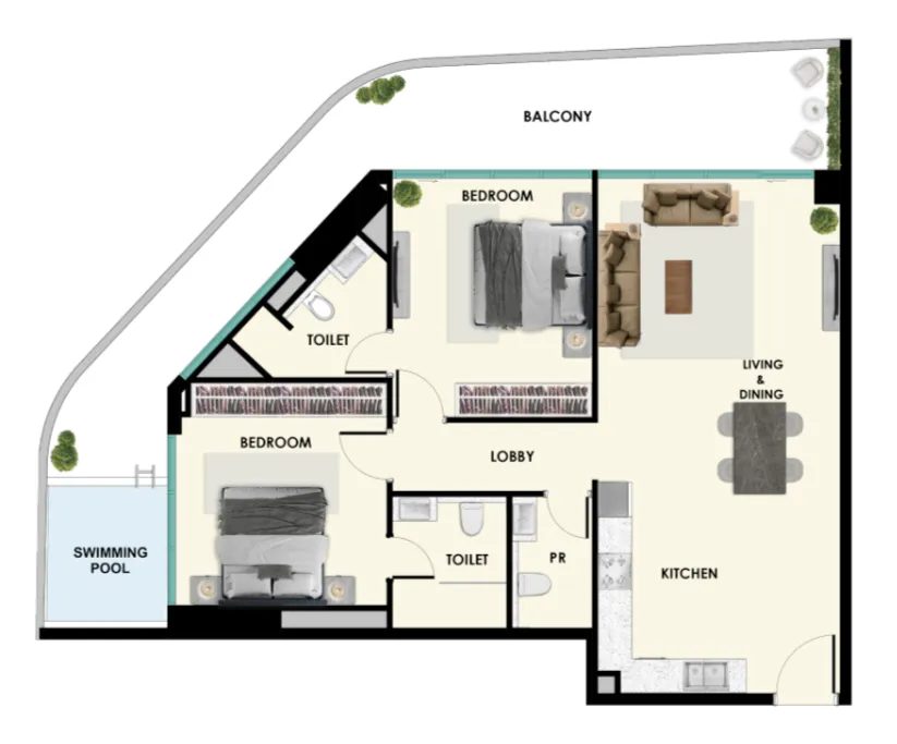 Samana Ibiza 2 bed floor plan, 1,390 sqft