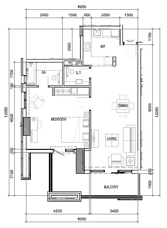 DAMAC Majestine 1 bed floor plan, 894 sqft