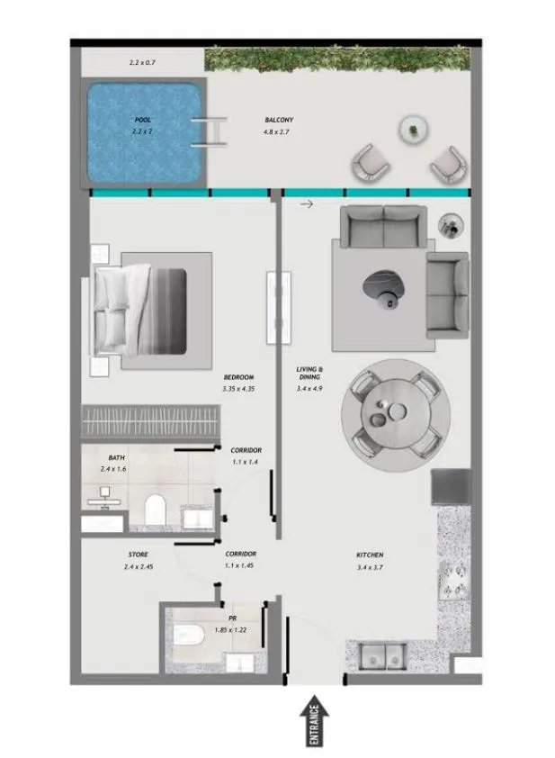 Samana Resorts 1 bed floor plan, 889 sqft