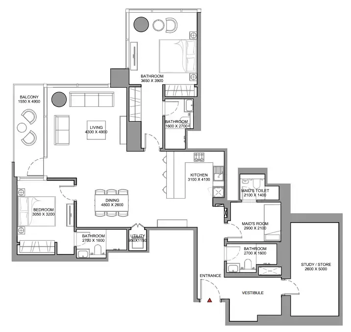 Skyscape 2 bed floor plan, 1,725 sqft