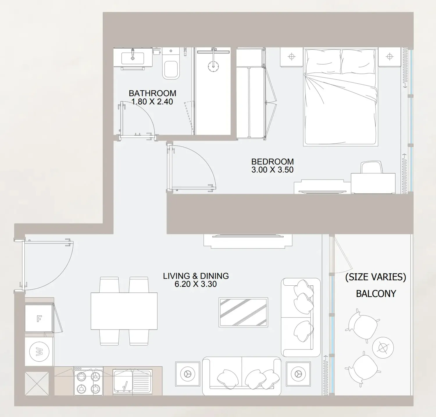 Vista 3 1 bed floor plan, 517 sqft