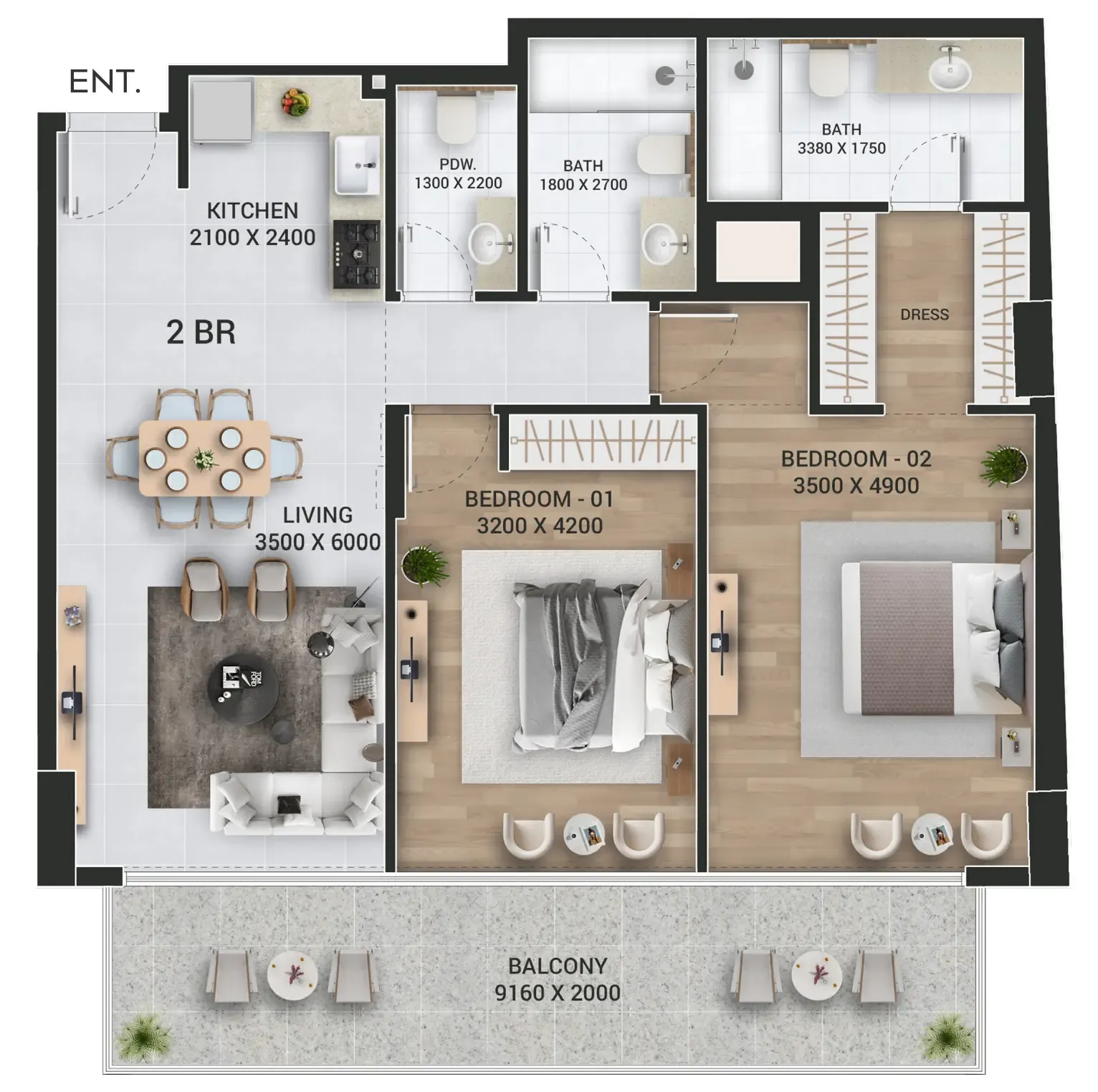 Empire Jebel Ali 2 bed floor plan, 1,162 – 1,196 sqft