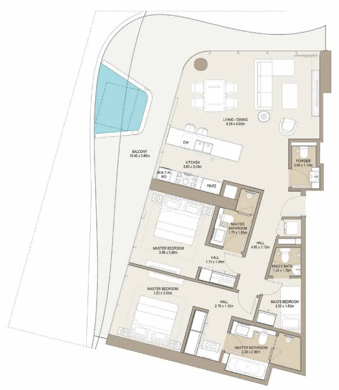 Laguna Residence 2 bed floor plan, 1,649 sqft