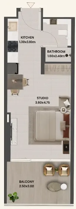Divine Al Barari Studio floor plan, 435 sqft