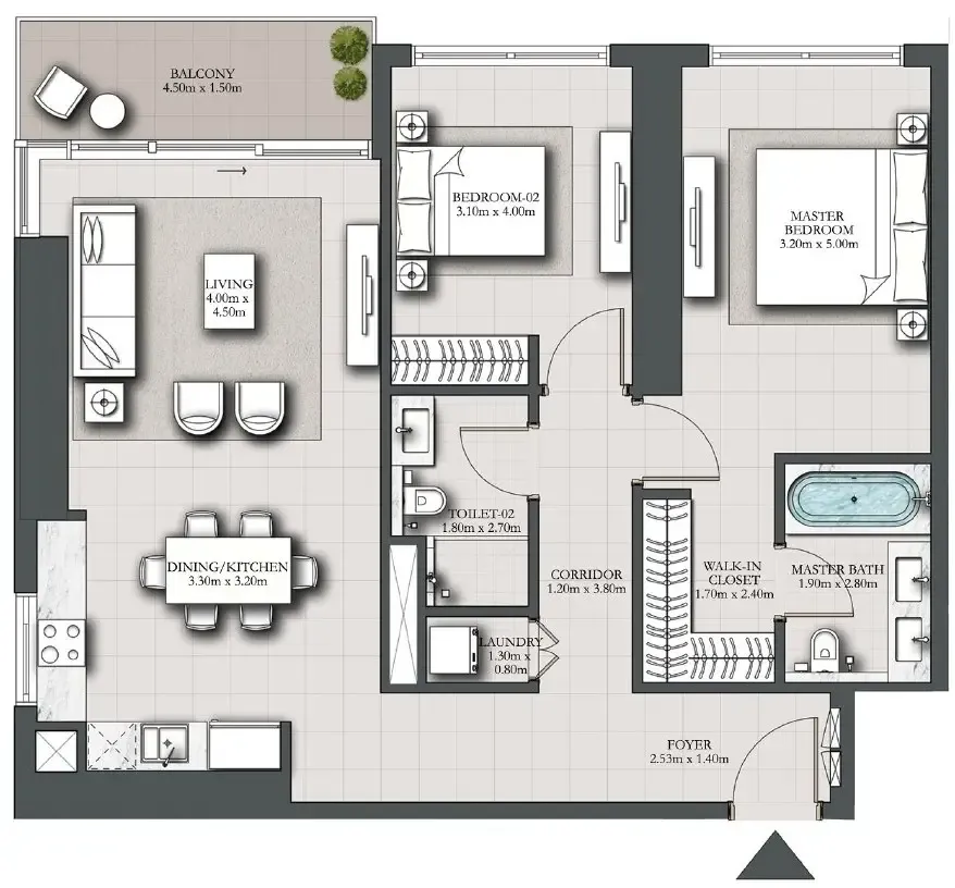 Marina Shores 2 bed floor plan, 1,190 sqft