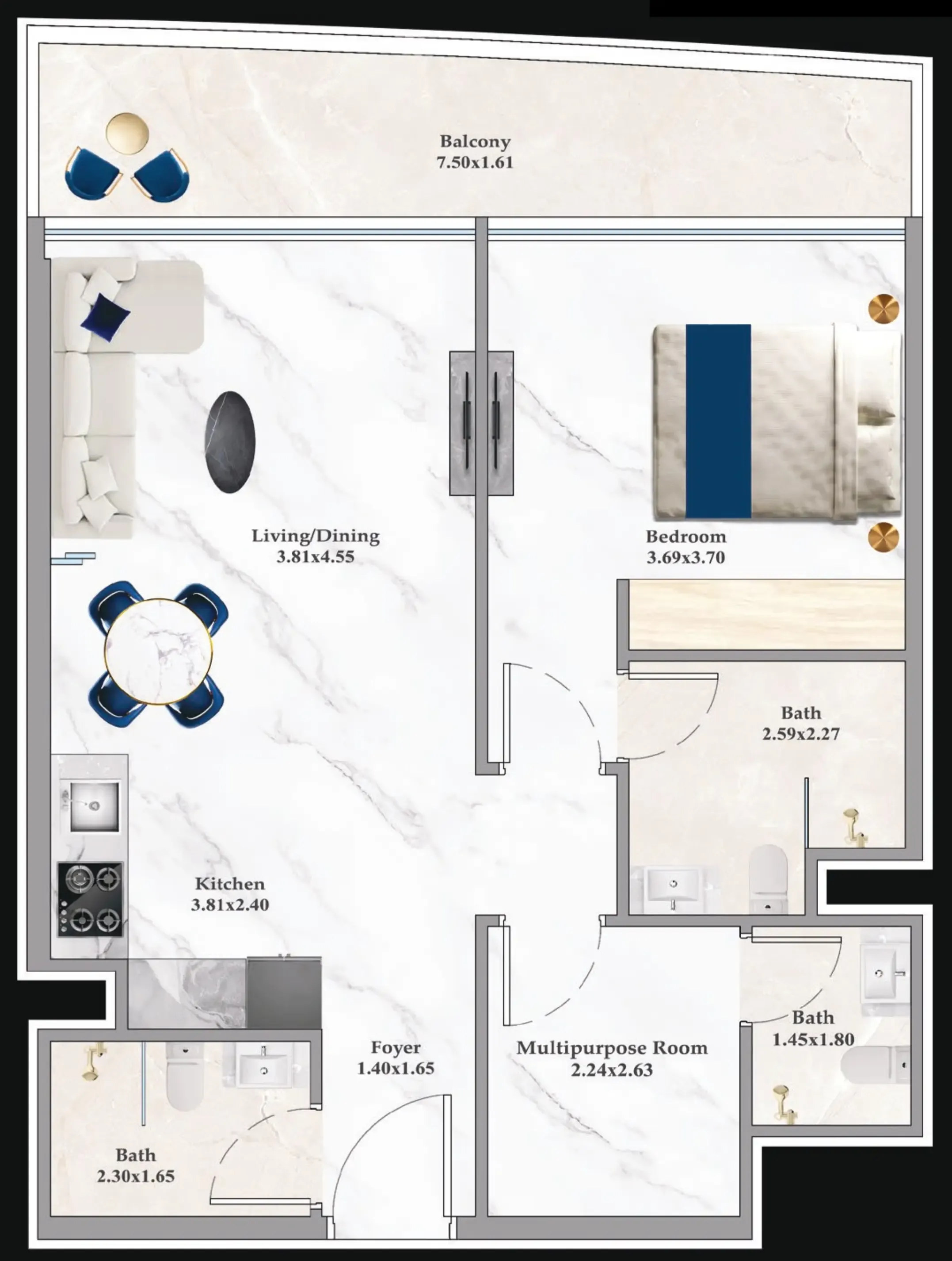 Aspirz 1 bed floor plan, 790 – 792 sqft