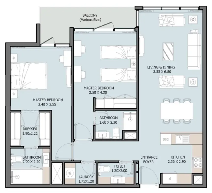 Verdana VIII 2 bed floor plan, 1,129 sqft