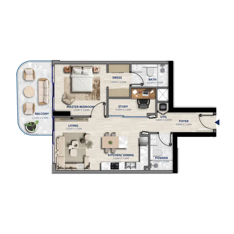 Vedaire Residences 1 bed floor plan, 859 sqft