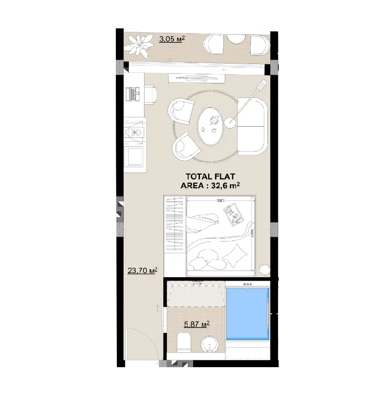 Buddha Club House Studio floor plan, 351 sqft