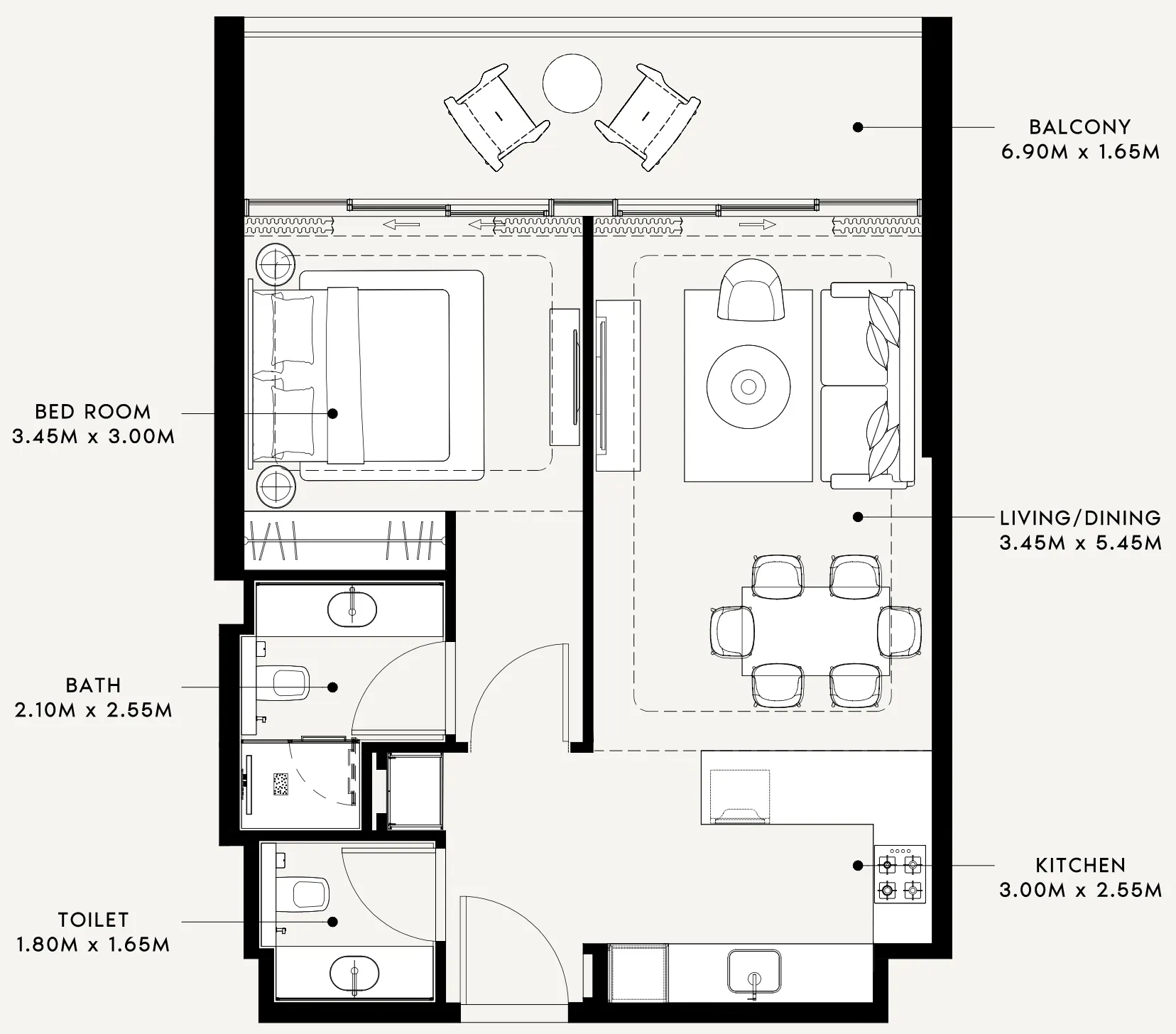 Riviera 60 1 bed floor plan, 763 – 765 sqft