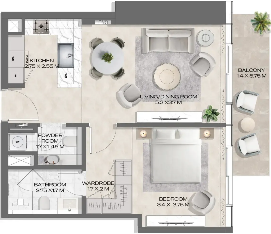 DWTN Residences 1 bed floor plan, 778 sqft