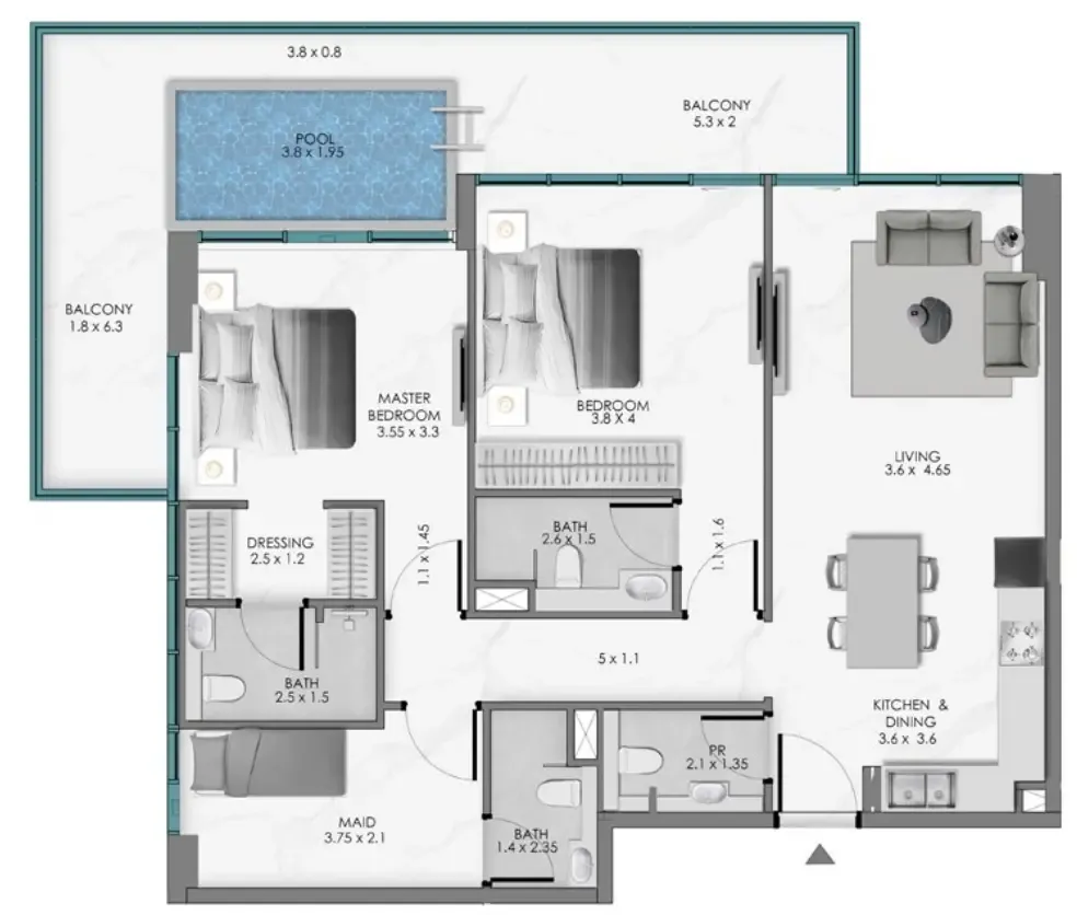 Samana Ocean Bay 2 bed floor plan, 1,408 sqft