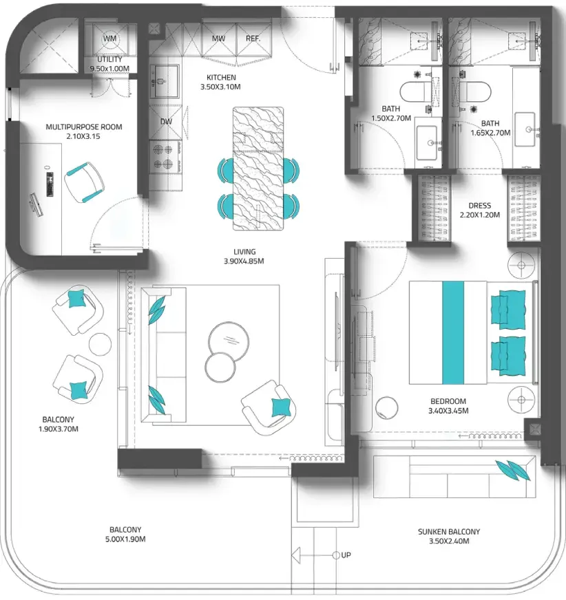 Reef 997 1 bed floor plan, 1,061 sqft