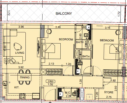 Binghatti Aquarise 2 bed floor plan, 1,347 sqft