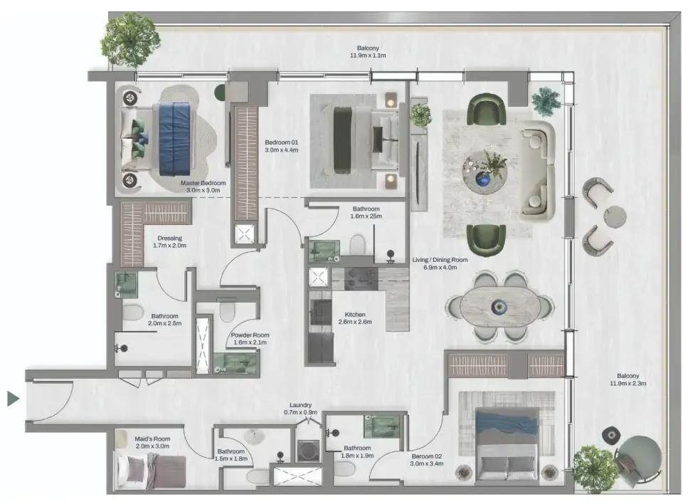 Oceara Park View Residences Phase 1 3 bed floor plan, 1,858 – 3,199 sqft