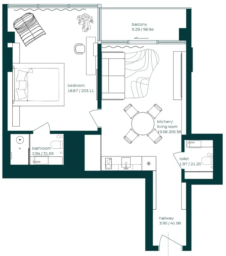 Vibe 1 bed floor plan, 644 sqft