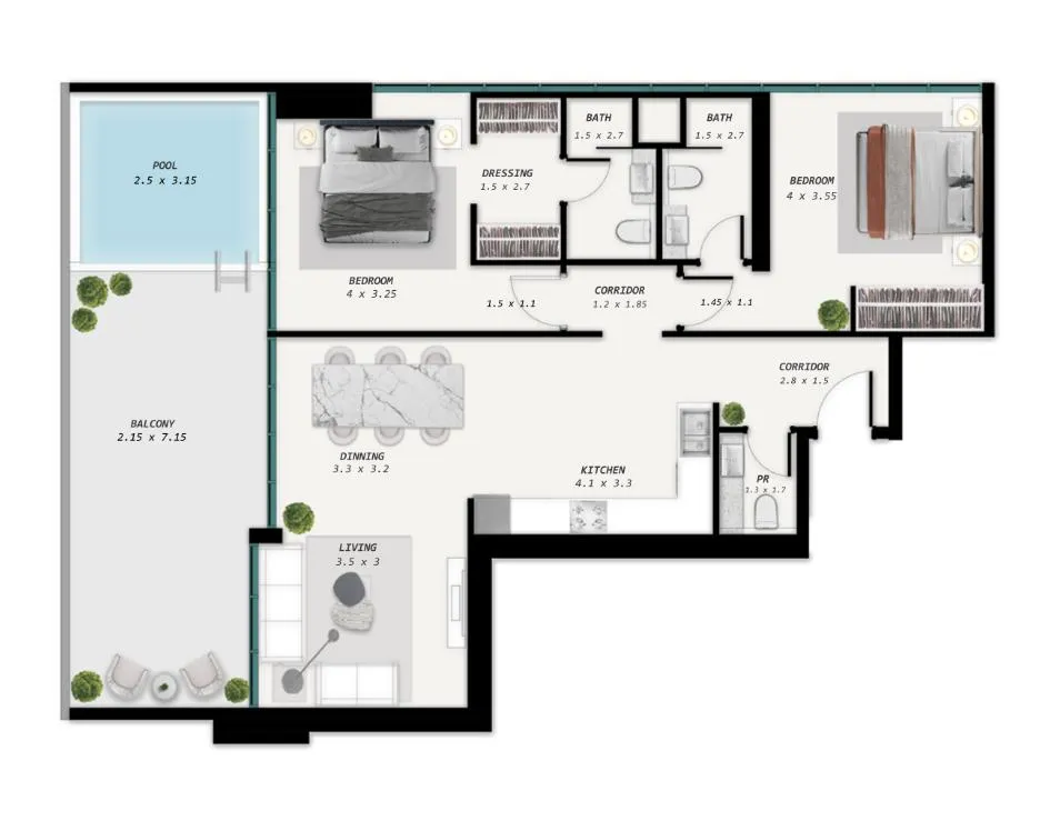 Samana Park Meadows 2 bed floor plan, 1,305 sqft