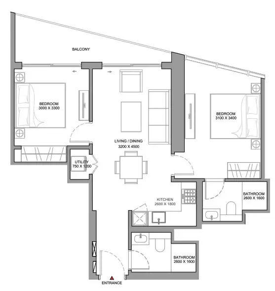 The Serene at Sobha Central 2 bed floor plan, 860 sqft
