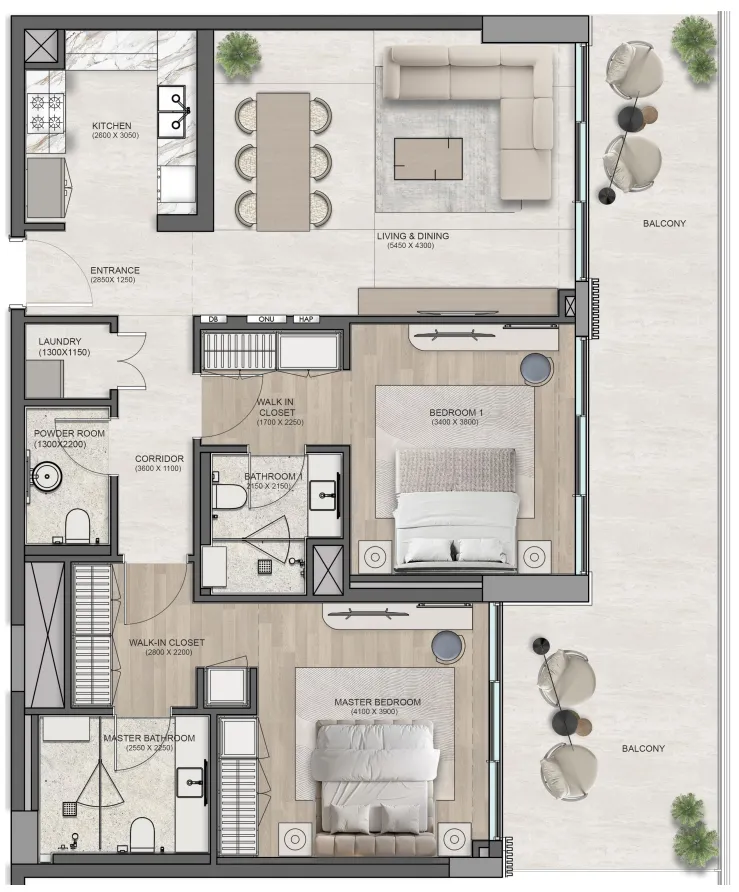 Flora Isle Beachfront Residences 2 bed floor plan, 1,760 sqft
