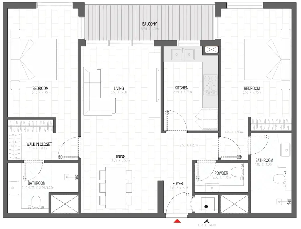 Olfah 2 bed floor plan, 1,232 sqft
