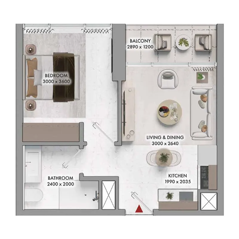 Elmora 1 bed floor plan, 393 sqft