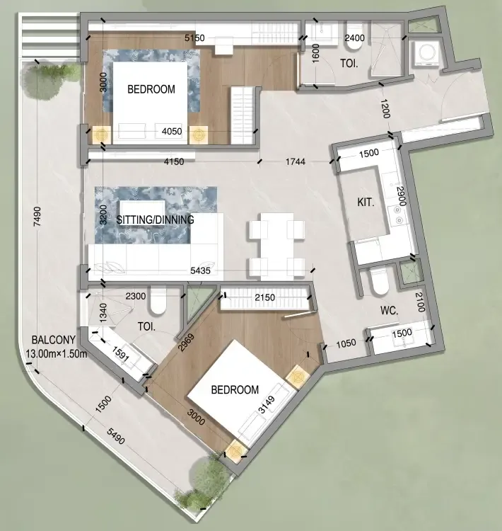 Oasis Residences 2 bed floor plan, 1,038 sqft