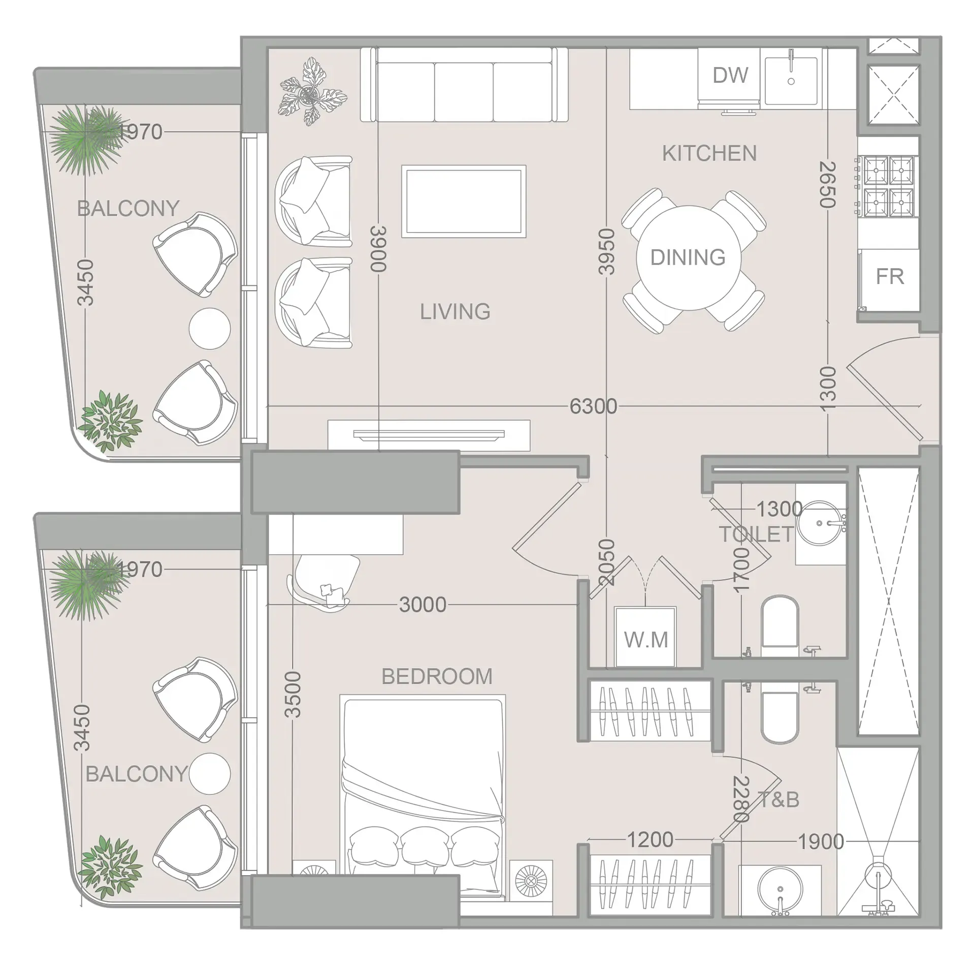 ELAR1S Sky 1 bed floor plan, 714 sqft