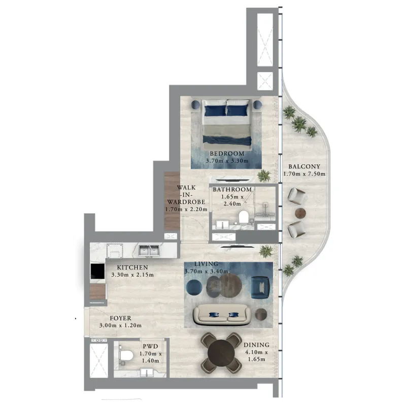 Royal Yacht Club Residence 1 bed floor plan, 779 sqft