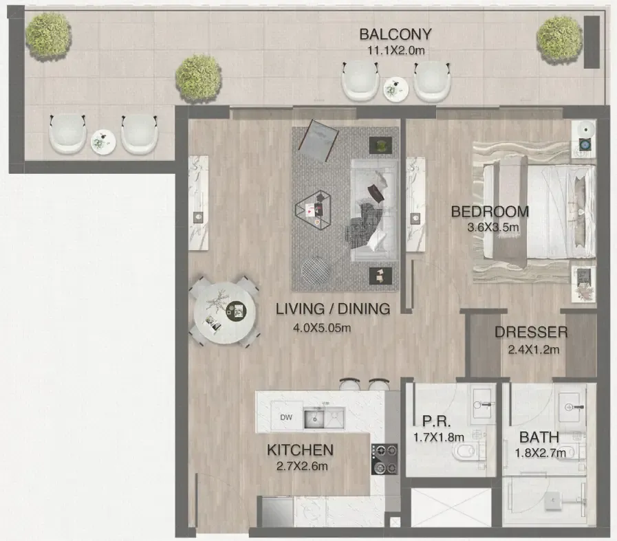 One by Nine 1 bed floor plan, 883 sqft
