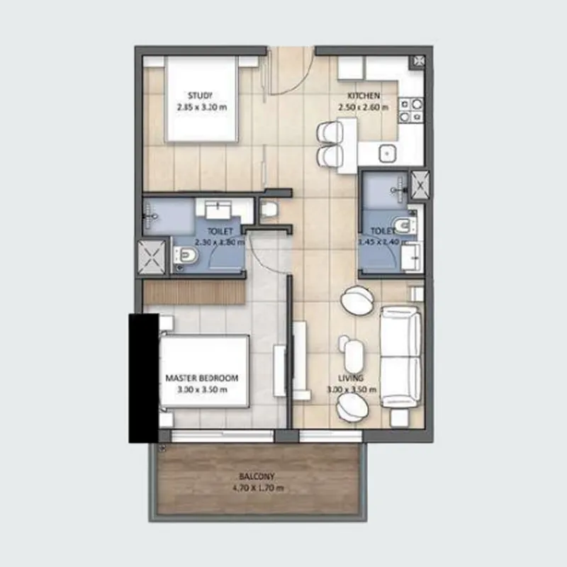 Tranquil Wellness Tower 1 bed floor plan, 745 – 751 sqft