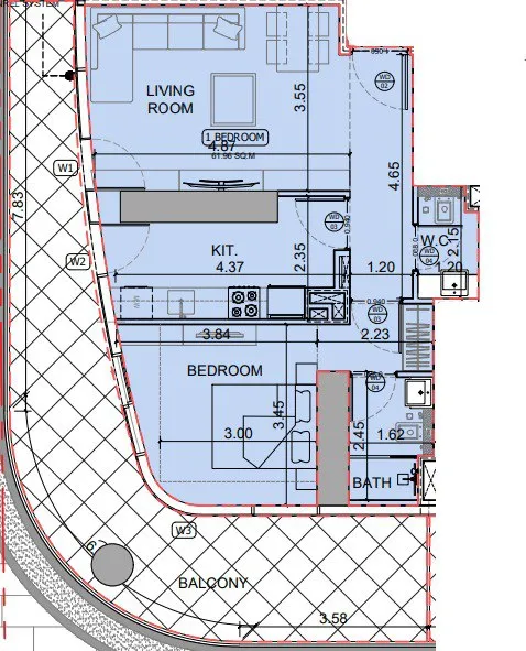 Binghatti Skyhall 1 bed floor plan, 994 – 995 sqft