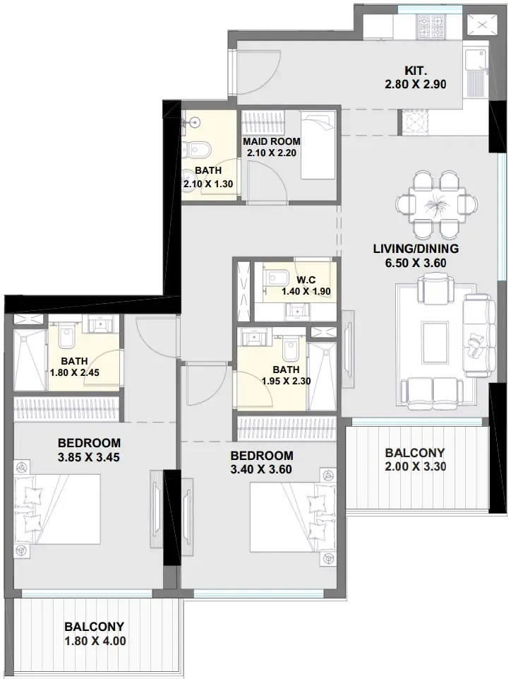 Ayaan Heights 1 2 bed floor plan, 1,296 sqft