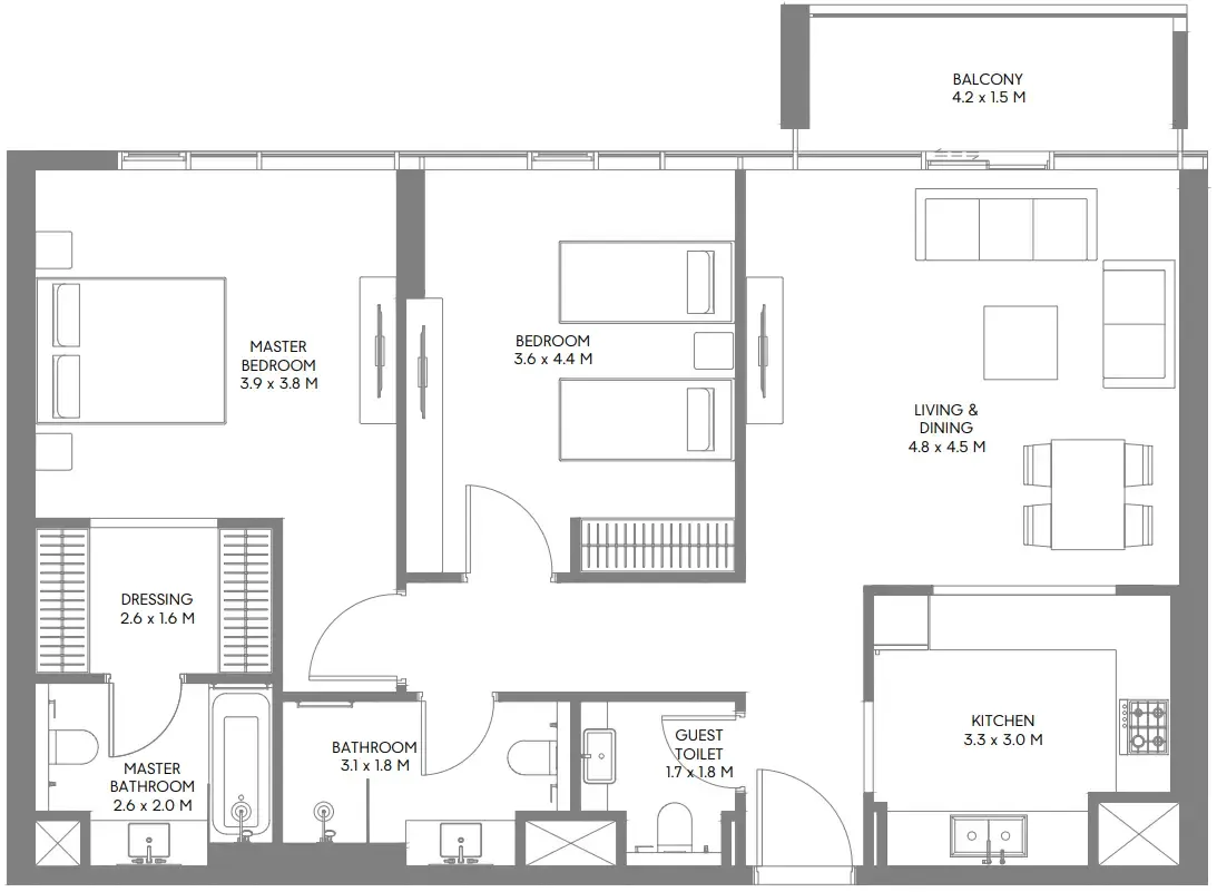 The Gate 6 2 bed floor plan, 1,159 sqft