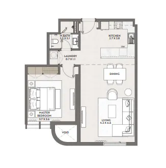 Cello by Taraf 1 bed floor plan, 733 sqft