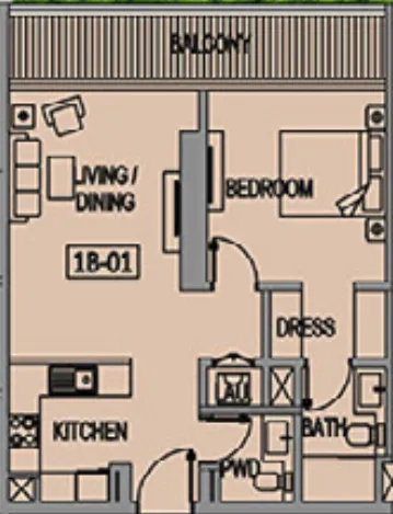 Jade Tower 1 bed floor plan, 744 sqft