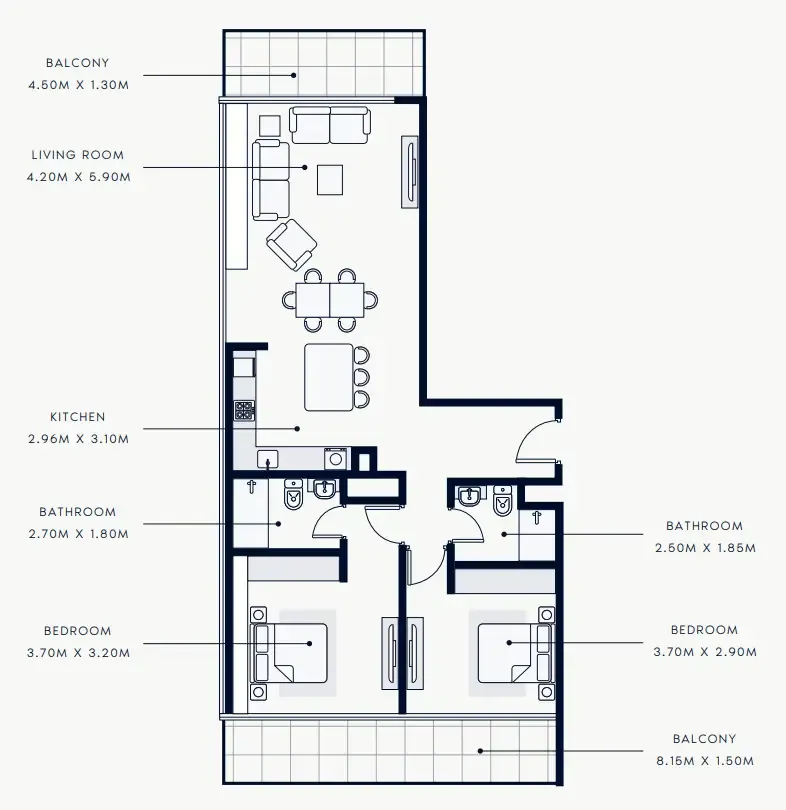 Riviera Rêve 2 bed floor plan, 1,220 sqft
