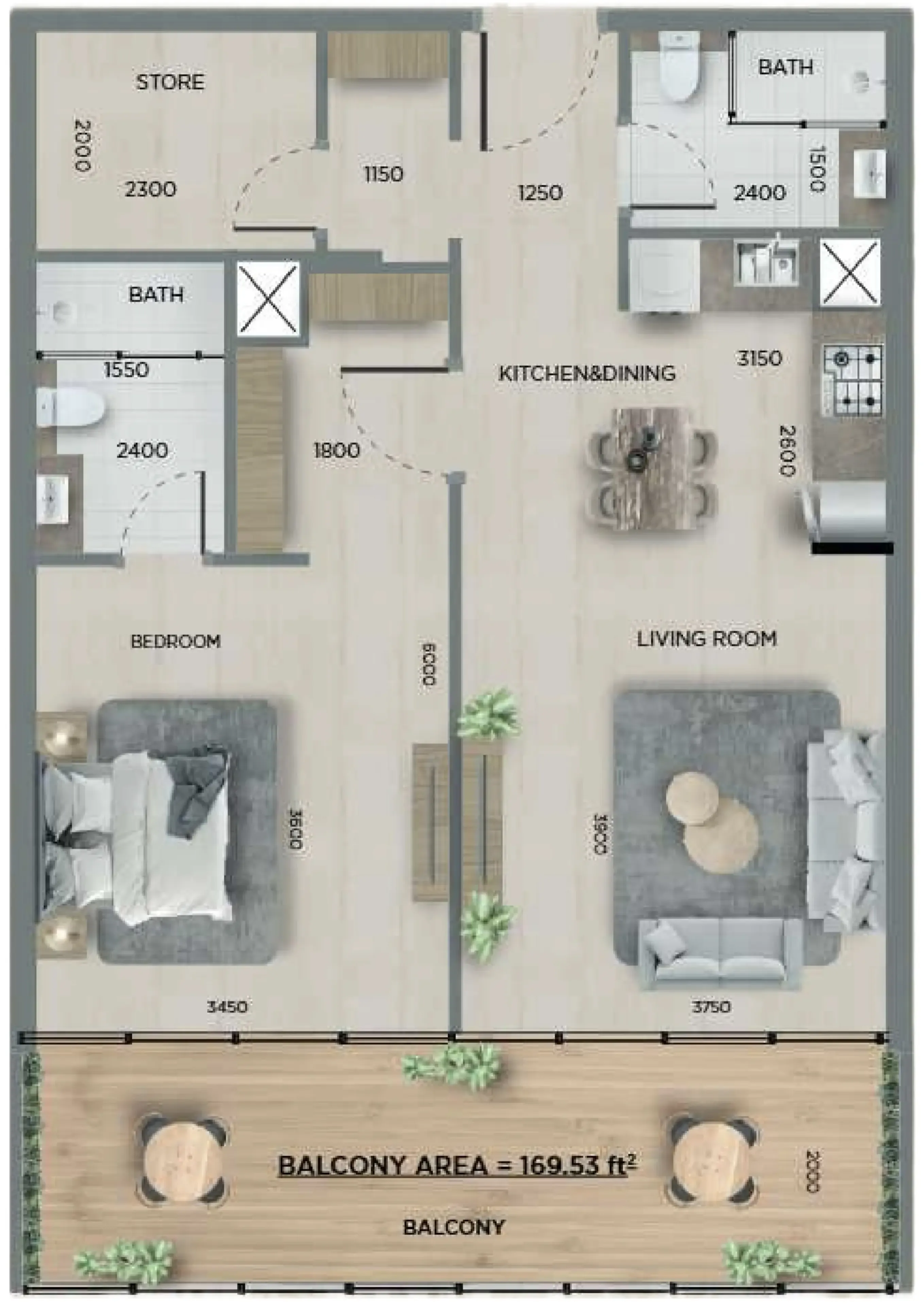 368 Park Ln. 1 bed floor plan, 837 sqft