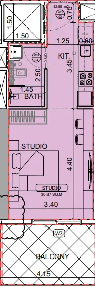 Binghatti Skyhall Studio floor plan, 424 sqft