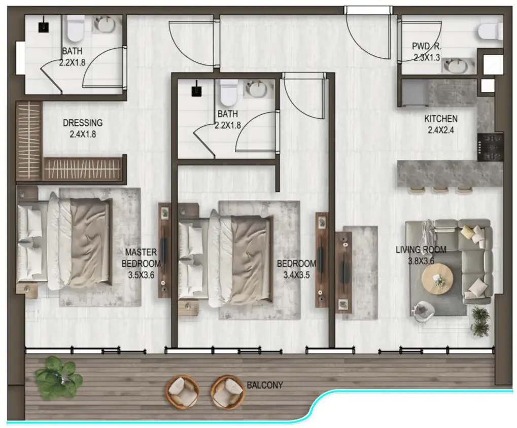 Noore 2 bed floor plan, 1,077 sqft