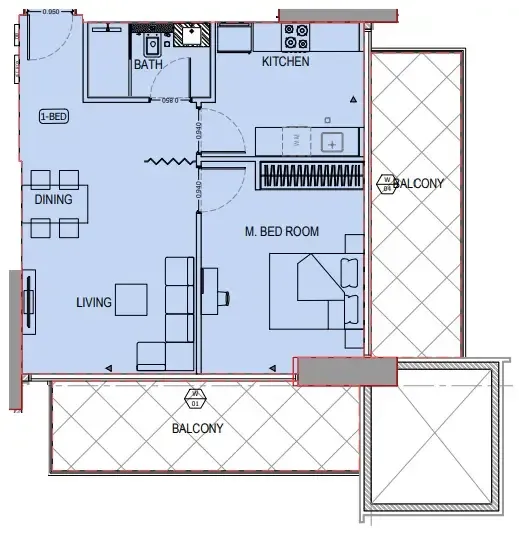 Binghatti Apex 1 bed floor plan, 906 sqft