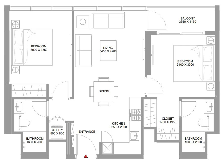 Pierside Marina Residences 2 bed floor plan, 776 sqft
