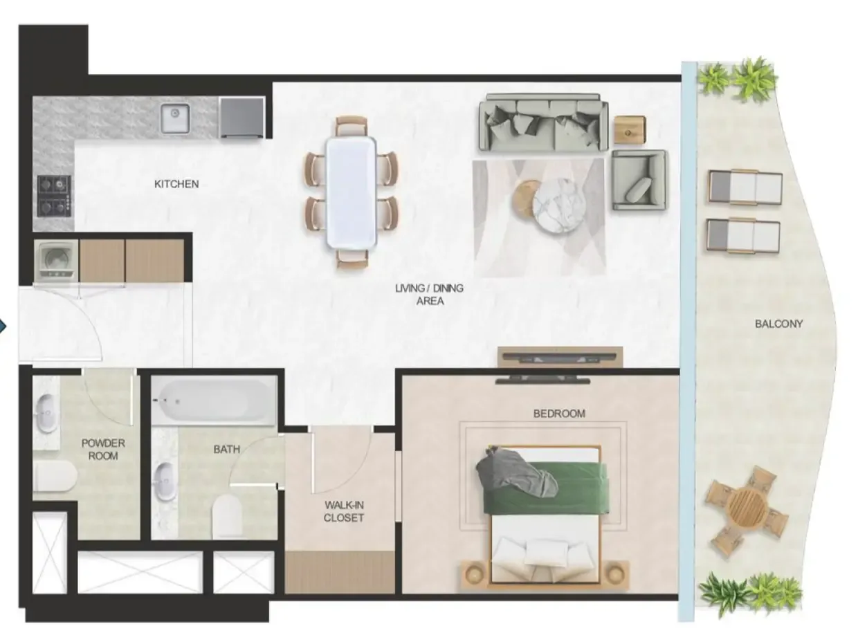 Oystra 1 bed floor plan, 864 sqft