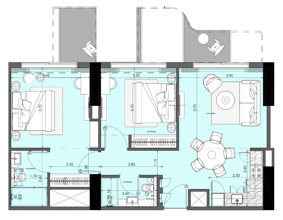 Azizi Wasel 2 bed floor plan, 966 sqft