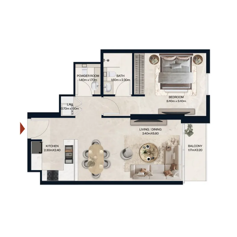 Norah Residence 1 bed floor plan, 674 sqft