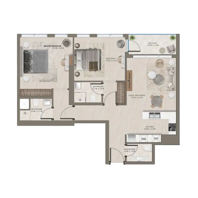The Corner 2 bed floor plan, 1,034 sqft