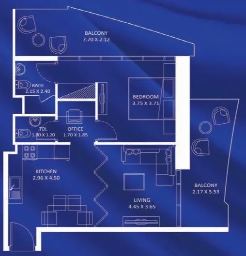 Fashionz 1 bed floor plan, 870 sqft