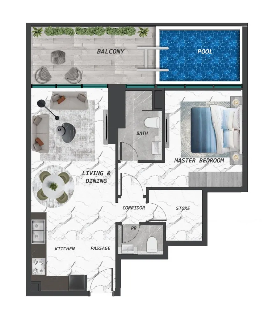 Samana Lake Views 2 1 bed floor plan, 879 sqft