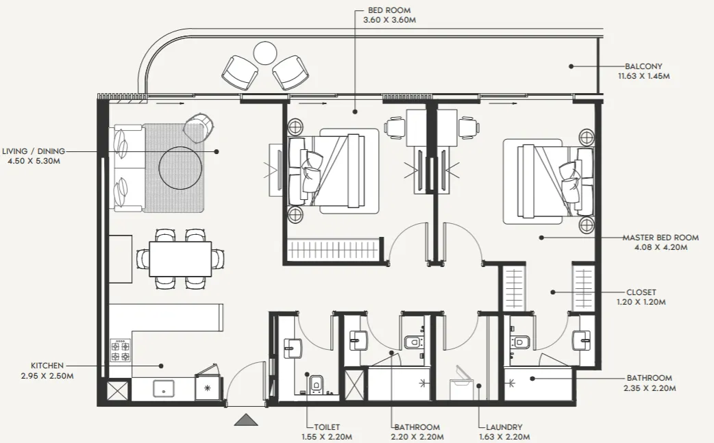 Azizi Amir 2 bed floor plan, 1,270 sqft
