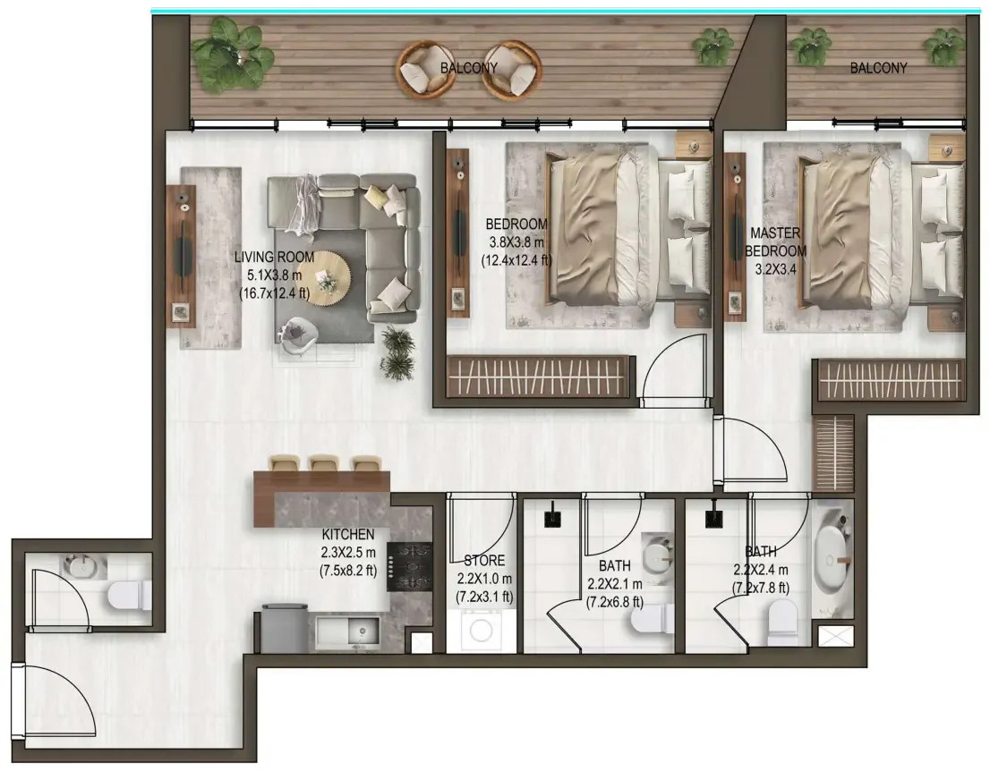 Noore 2 bed floor plan, 1,186 sqft