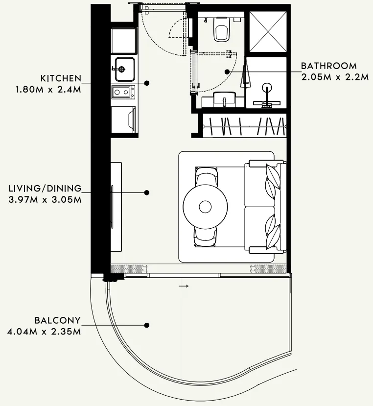 Azizi Milan Studio floor plan, 340 sqft